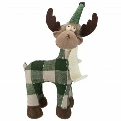 Northlight 14" Tan And Green Buffalo Plaid Standing Moose Christmas Decoration