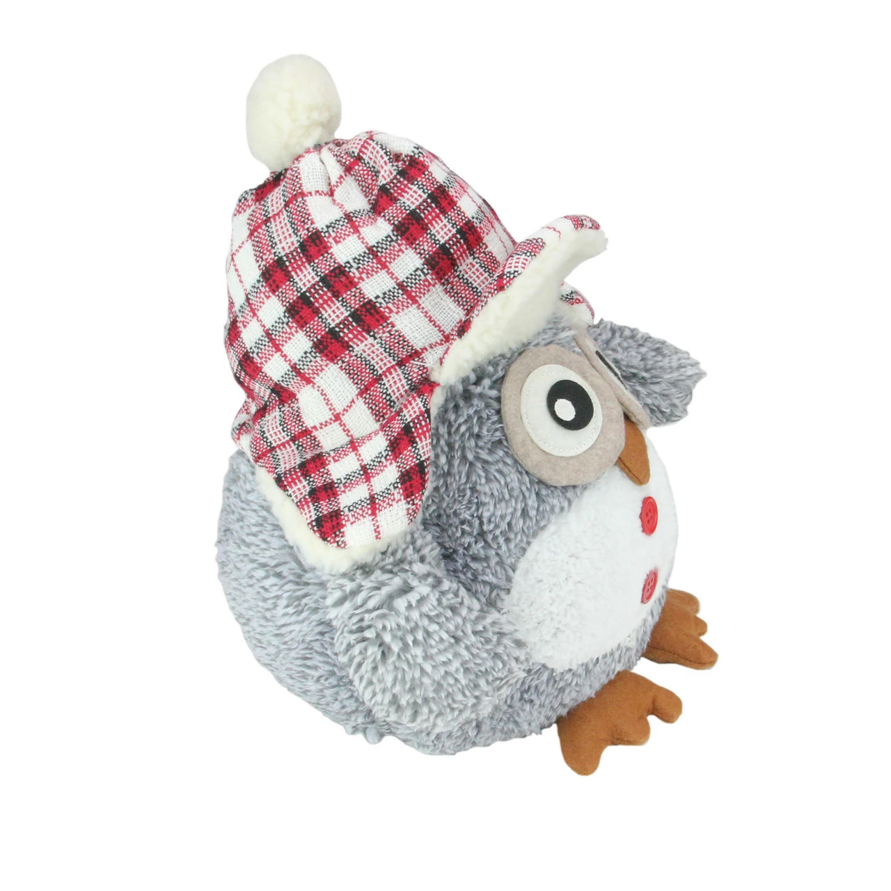 Northlight 12" Gray And Red Owl With Plaid Bomber Cap Plush Christmas Tabletop Figurine - Image 2