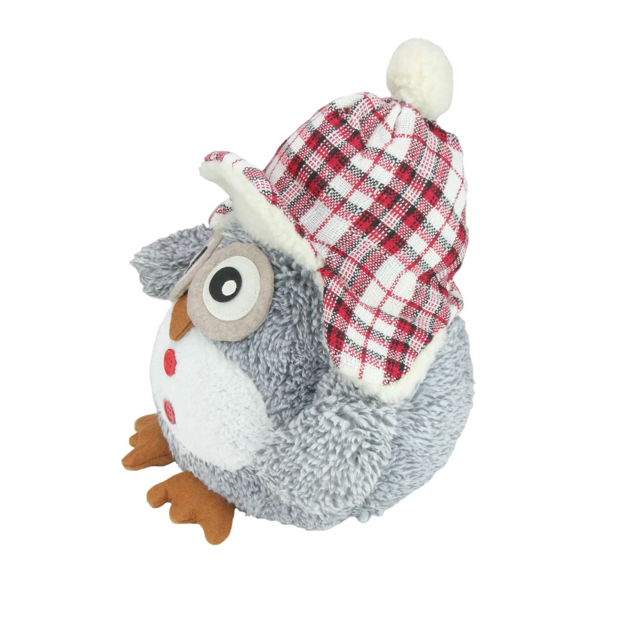 Northlight 12" Gray And Red Owl With Plaid Bomber Cap Plush Christmas Tabletop Figurine - Image 3