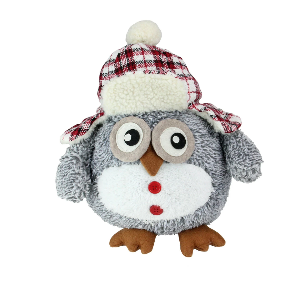 Northlight 12" Gray And Red Owl With Plaid Bomber Cap Plush Christmas Tabletop Figurine