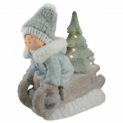 Northlight 15" Beige And Green Lighted Boy On A Sled Christmas Decoration