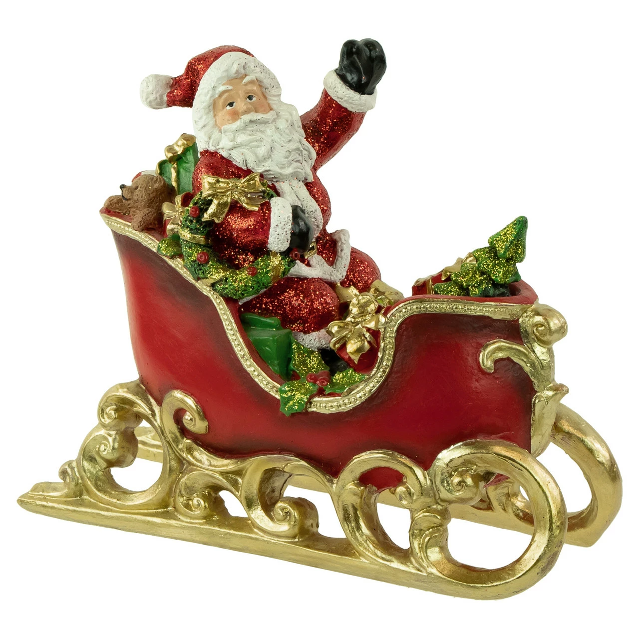 Northlight 9.5" Red And Gold Waving Santa Sitting In A Sleigh Christmas Decoration
