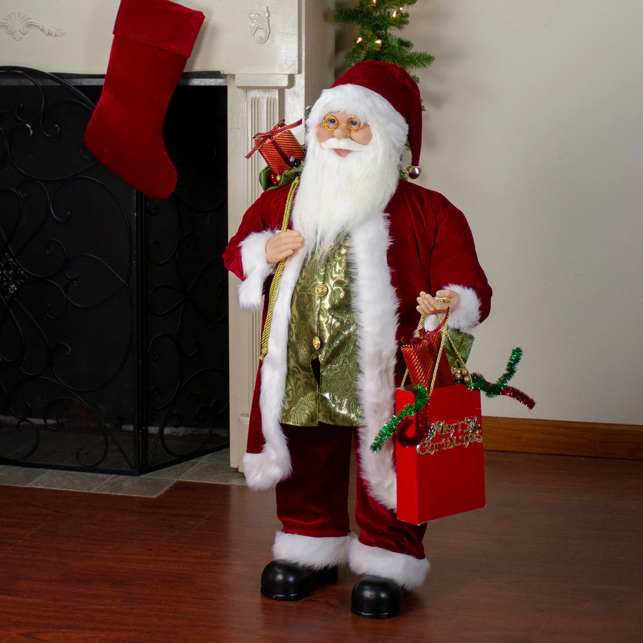 Northlight 24" Poinsettia Santa Claus With Gift Bag Christmas Figure - Image 2
