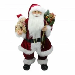 Northlight 24" Traditional Standing Santa Claus Christmas Figure With Teddy Bear And Gift Bag