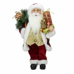 Northlight 16" Red And White Traditional Holly Berry Standing Santa Claus Christmas Figure With Gift Bag