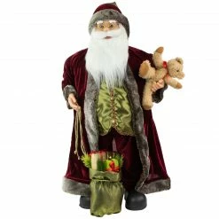Northlight 32" Burgundy Santa Claus With Teddy Bear And Gift Bag Christmas Figure