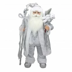 Northlight 24" Silver And White Santa Claus With Staff And Gift Bag Christmas Figure