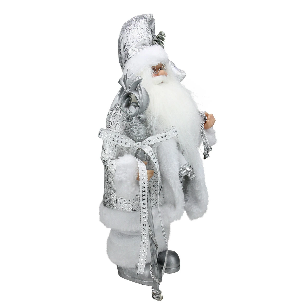 Northlight 12" White And Silver Santa Claus With Staff And Gift Bag Christmas Figure - Image 2