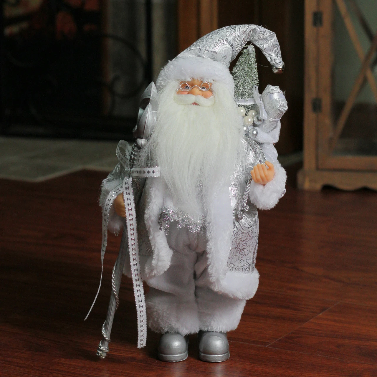 Northlight 12" White And Silver Santa Claus With Staff And Gift Bag Christmas Figure - Image 3