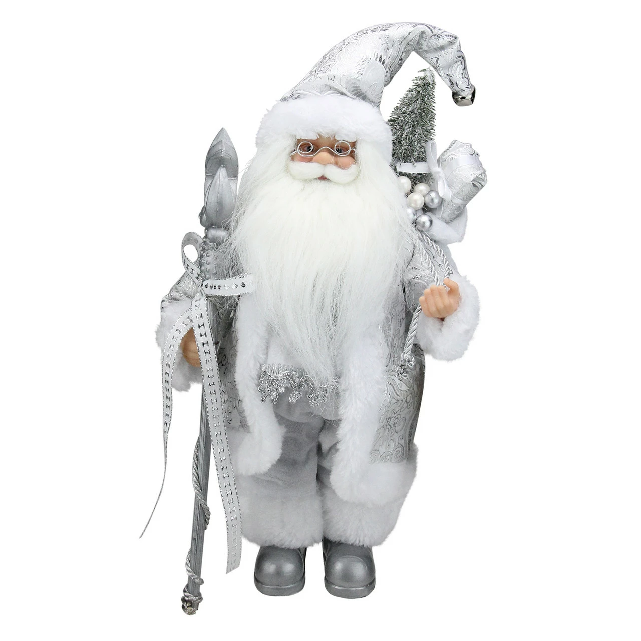 Northlight 12" White And Silver Santa Claus With Staff And Gift Bag Christmas Figure