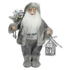 Northlight 12" Gray And White Standing Santa Claus Christmas Figurine With Bag And Lantern
