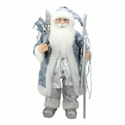 Northlight 24" Blue And Silver Ice Palace Santa Claus With Staff And Bag Christmas Figure
