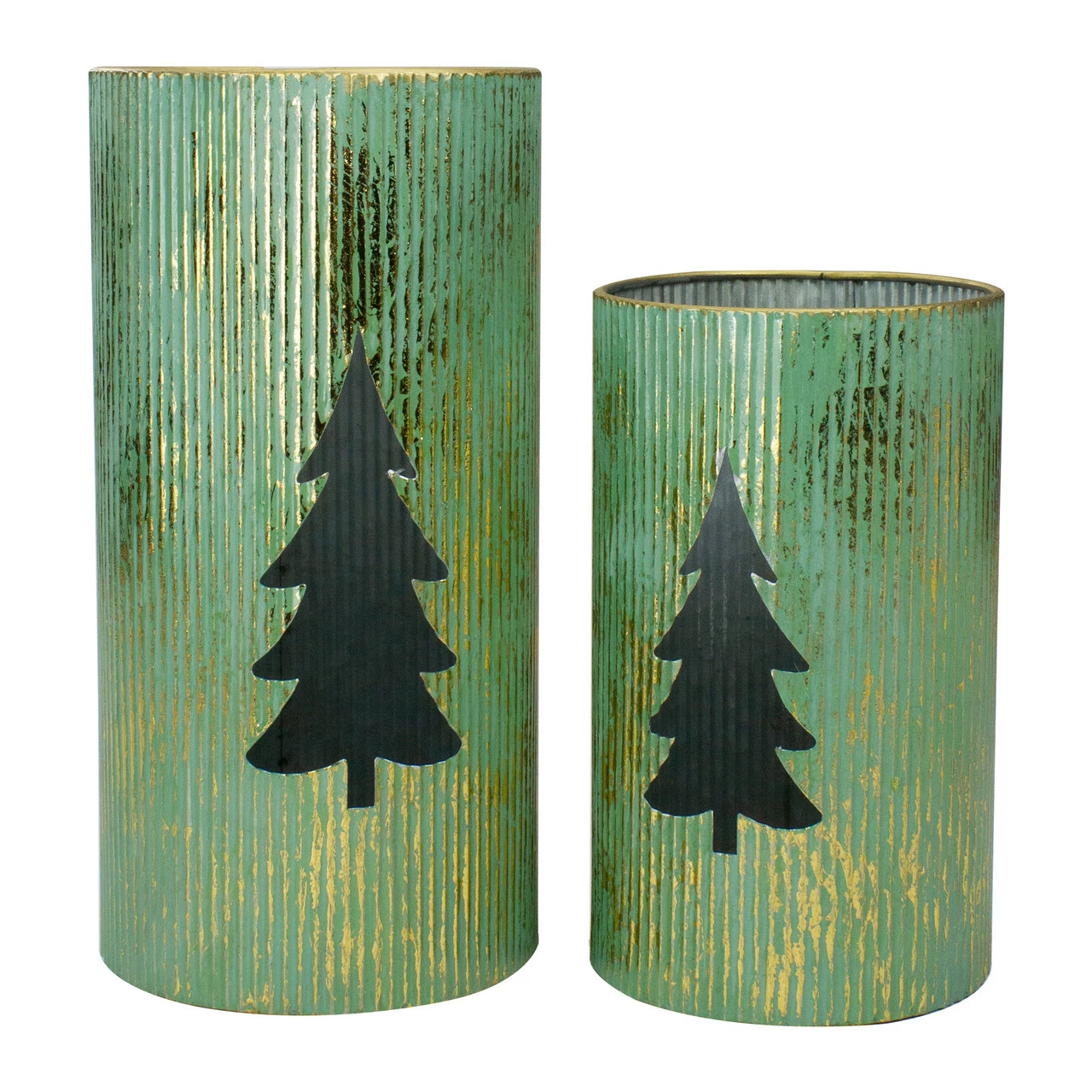 Northlight Set Of 2 Rustic Green And Gold Christmas Tree Tabletop Lanterns 12"