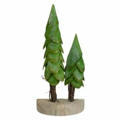 Northlight 9" Brown And Green Christmas Trees On A Wooden Base Tabletop Decor