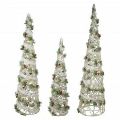 Northlight Set Of 3 Lighted White Berry And Pine Needle Cone Tree Christmas Decorations