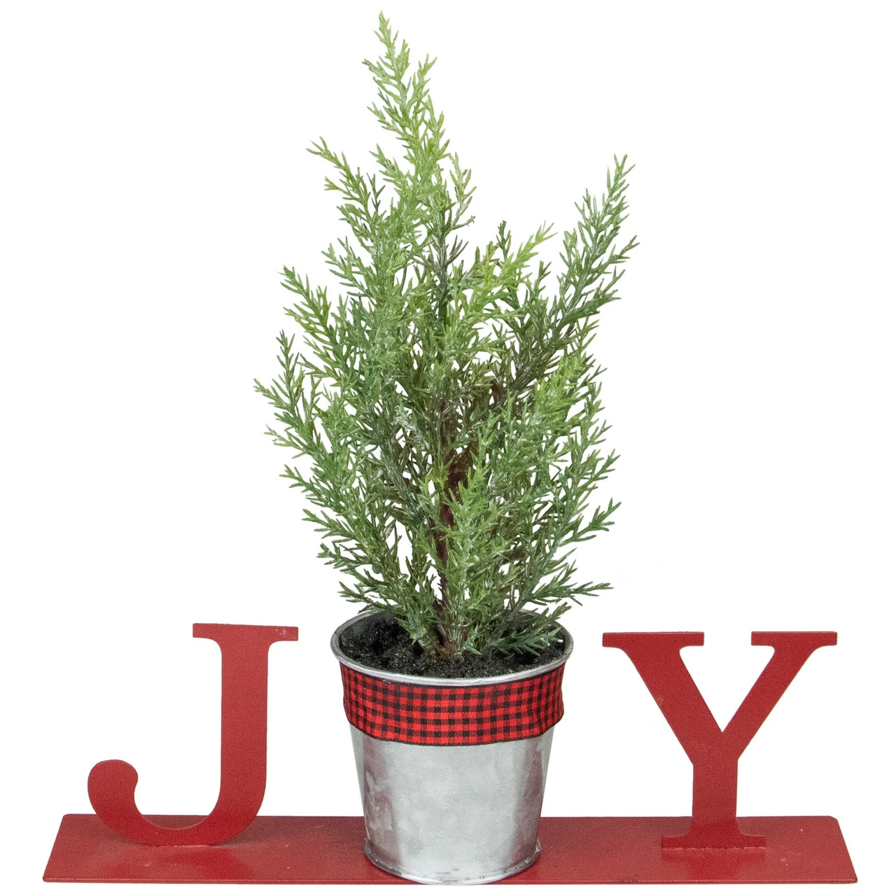 Northlight 10" Red "JOY" Potted Faux Pine In Metal Planter Christmas Tabletop Plaque