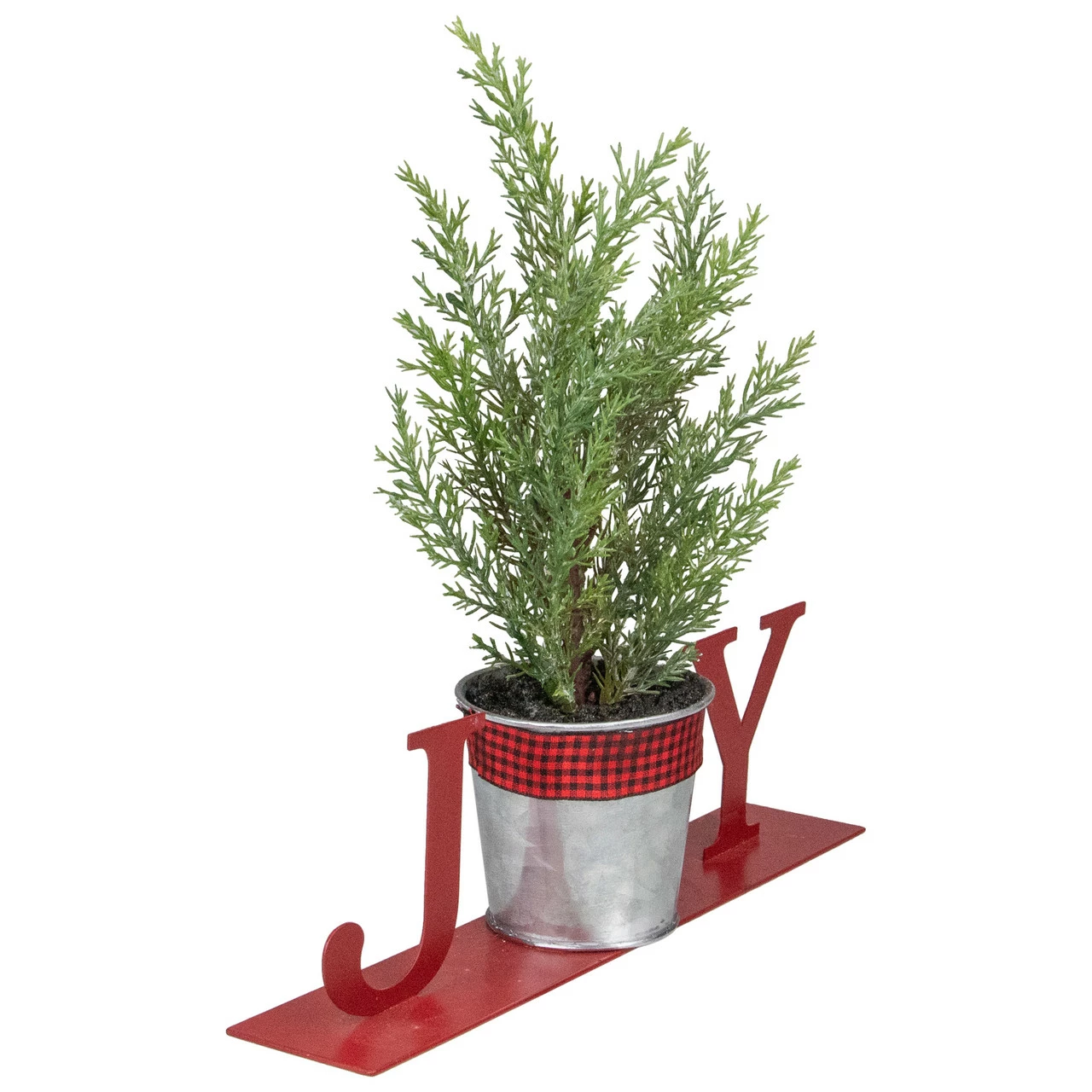 Northlight 10" Red "JOY" Potted Faux Pine In Metal Planter Christmas Tabletop Plaque - Image 3