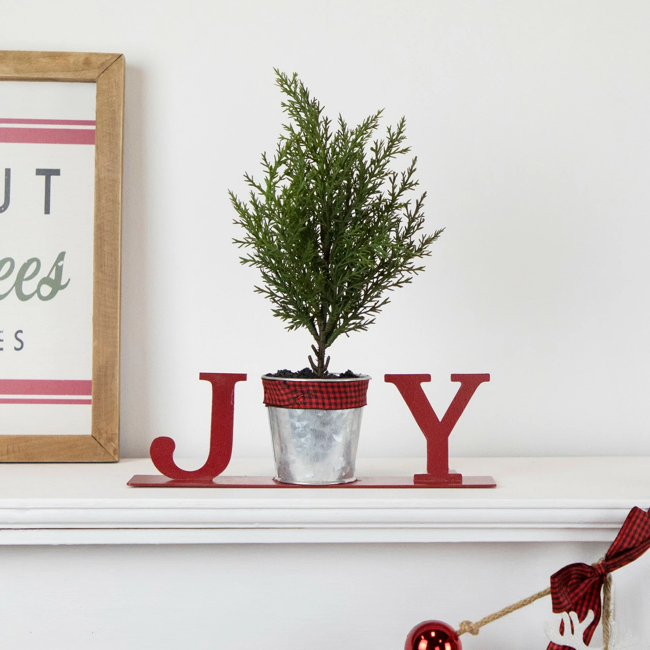 Northlight 10" Red "JOY" Potted Faux Pine In Metal Planter Christmas Tabletop Plaque - Image 2