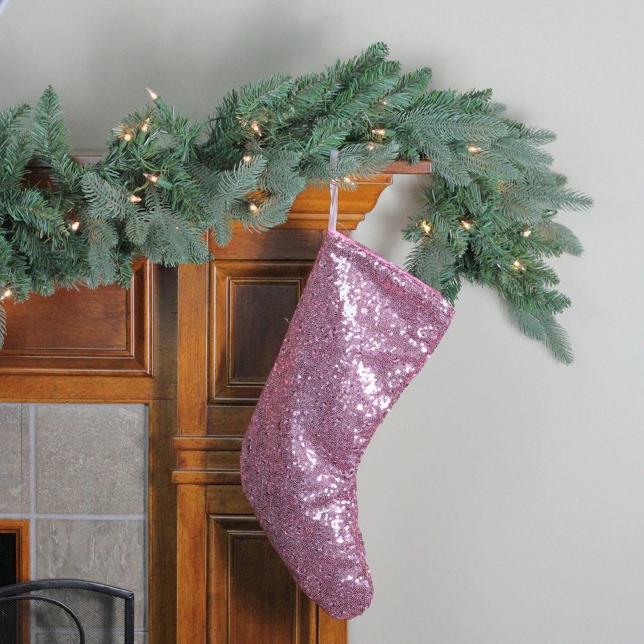 Northlight 17.5" Pink And White Shiny Sequins Hanging Christmas Stocking - Image 2
