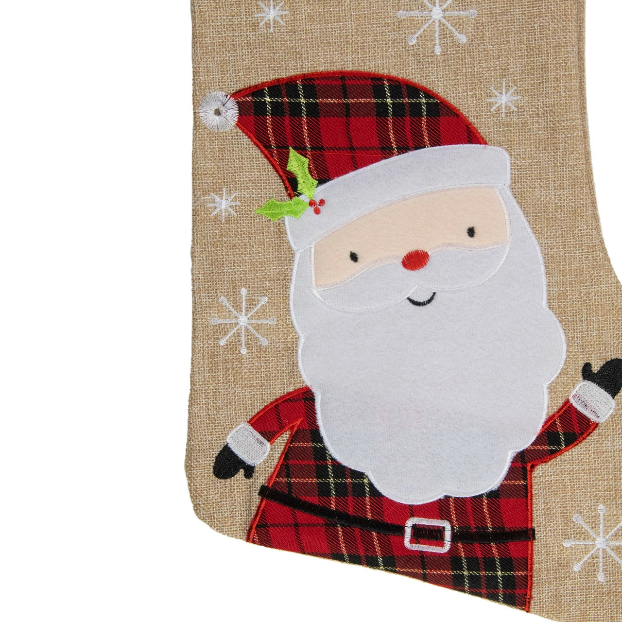 Northlight 19" Burlap Plaid Whimsical Santa Waiving Christmas Stocking 3 Northlight 19" Burlap Plaid Whimsical Santa Waiving Christmas Stocking - Image 3