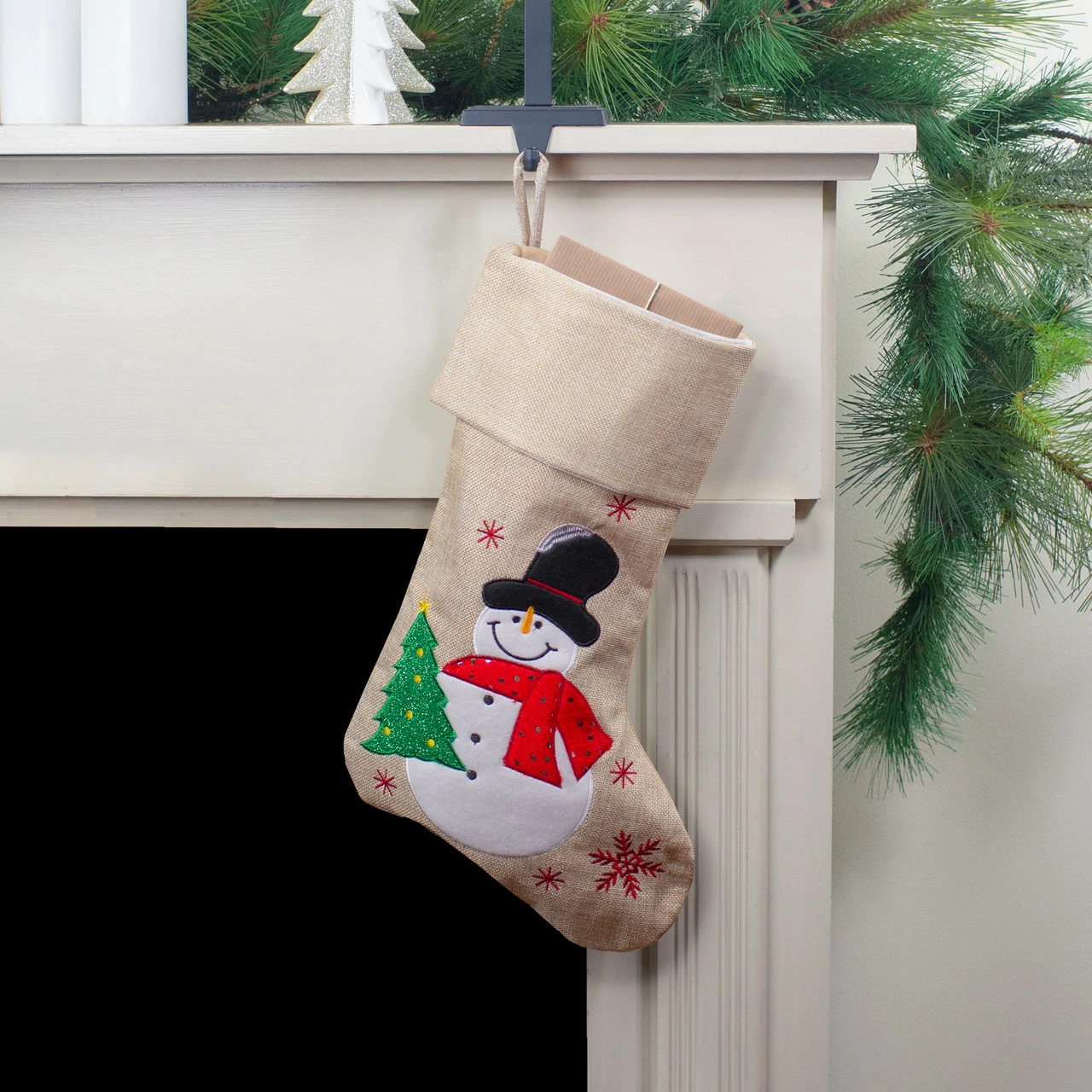 Northlight 19" Burlap Standing Snowman With A Tree And Snowflakes Christmas Stocking 2 Northlight 19" Burlap Standing Snowman With A Tree And Snowflakes Christmas Stocking - Image 2