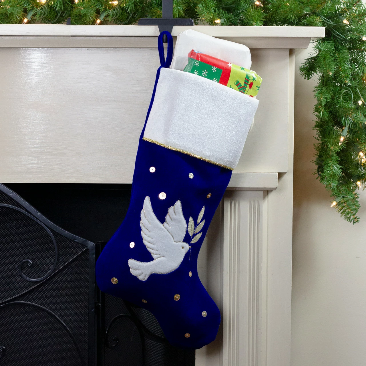 Northlight 20.5" Royal Blue And White Velvet Dove With Olive Branch Christmas Stocking 2 Northlight 20.5" Royal Blue And White Velvet Dove With Olive Branch Christmas Stocking - Image 2