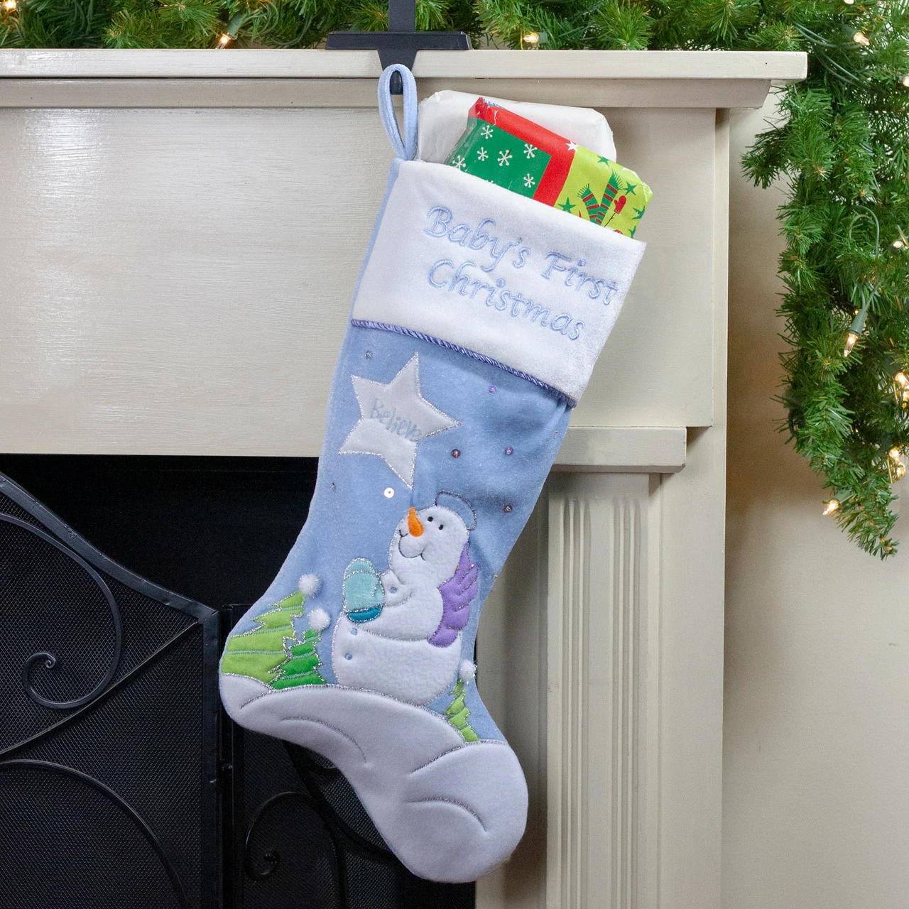 Northlight 20" Blue Babys First Christmas Velveteen Snowman Angel Christmas Stocking 2 Northlight 20" Blue Babys First Christmas Velveteen Snowman Angel Christmas Stocking - Image 2
