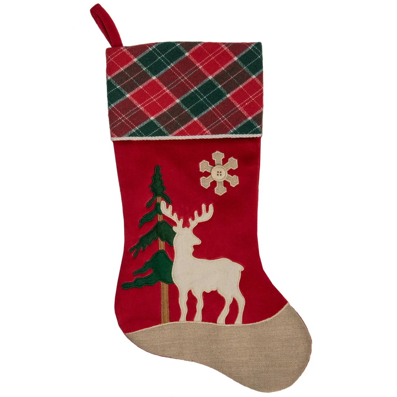 Northlight 20.5-Inch Red And Green Plaid Christmas Stocking With A Pine Tree And Moose 1 Northlight 20.5-Inch Red And Green Plaid Christmas Stocking With A Pine Tree And Moose
