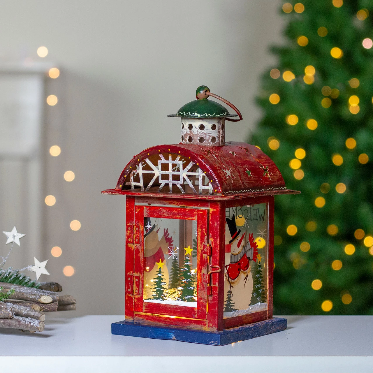 Northlight Red, White And Gray Snowman "WELCOME" Christmas Lantern 9.75" - Image 2