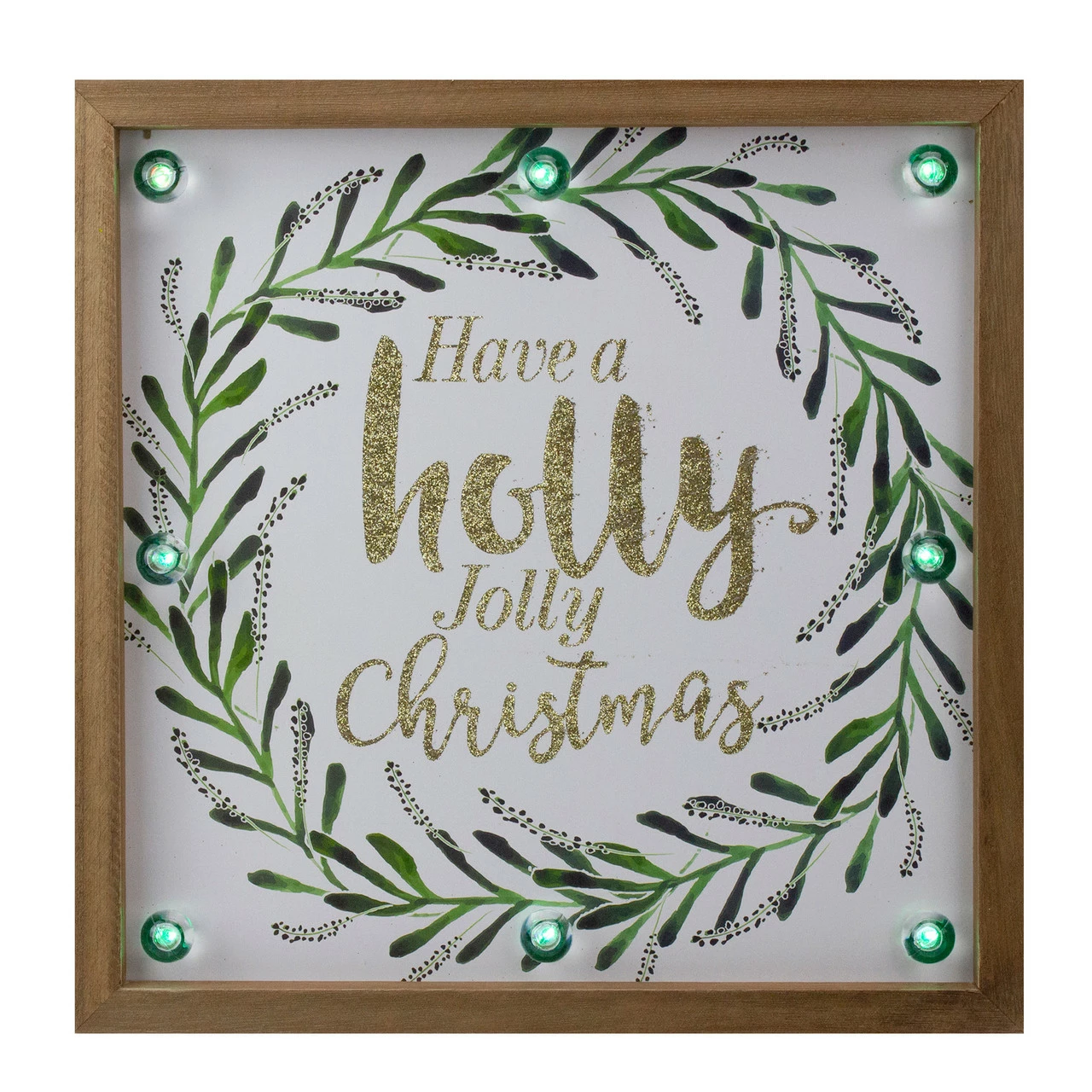Northlight 11.75" Lighted "Holly Jolly" With A Green Wreath Wood Christmas Plaque