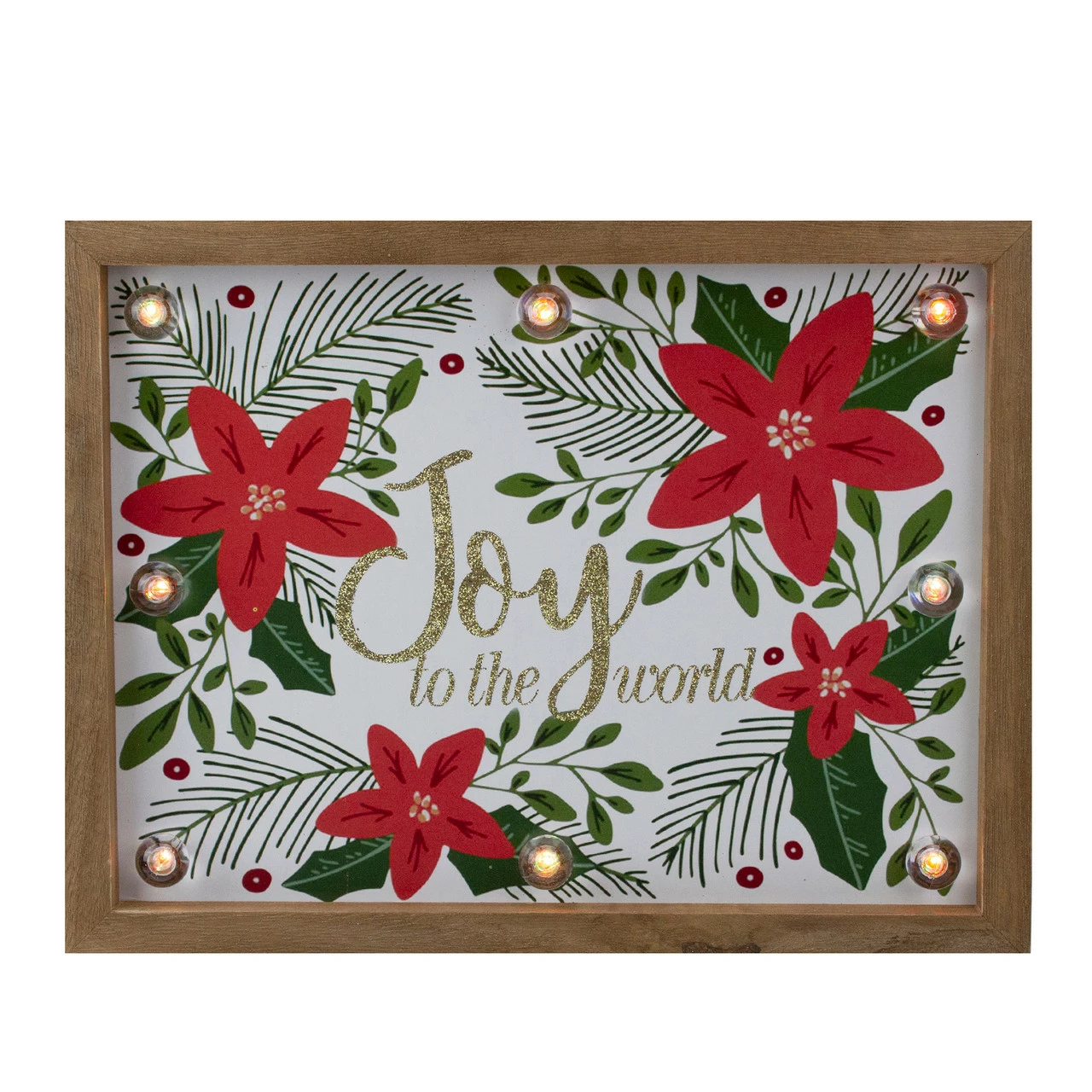 Northlight 11.8" Lighted Brown Wooden Frame Poinsettia "Joy To The World" In Glitter Christmas Plaque