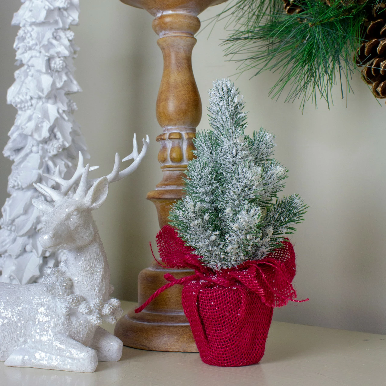 Northlight 9" Red And White Flocked Mini Pine Christmas Tree In Burlap Base - Unlit - Image 2
