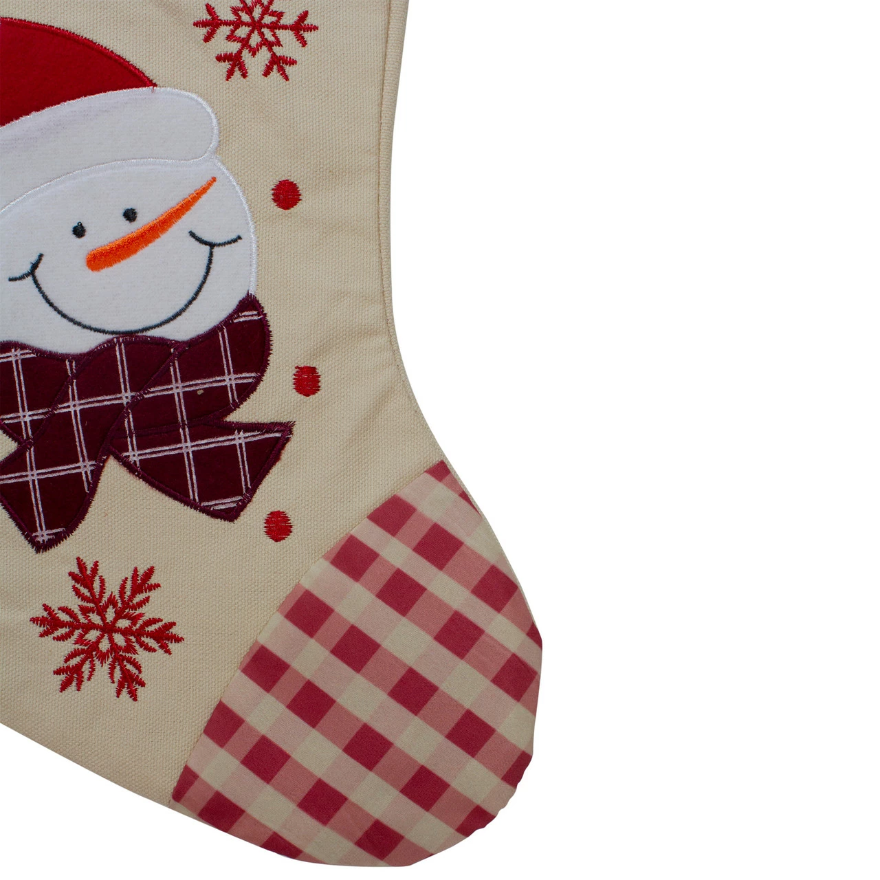 Northlight 17" Red And Beige Burlap Embroidered Snowman Christmas Stocking With Red Gingham Cuff - Image 4