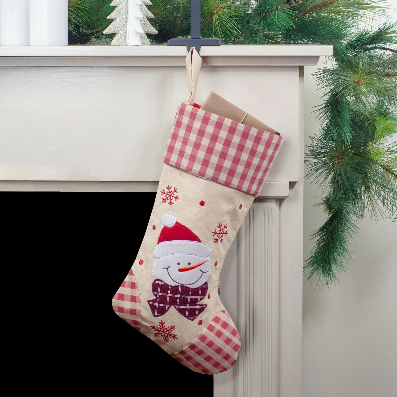 Northlight 17" Red And Beige Burlap Embroidered Snowman Christmas Stocking With Red Gingham Cuff - Image 2