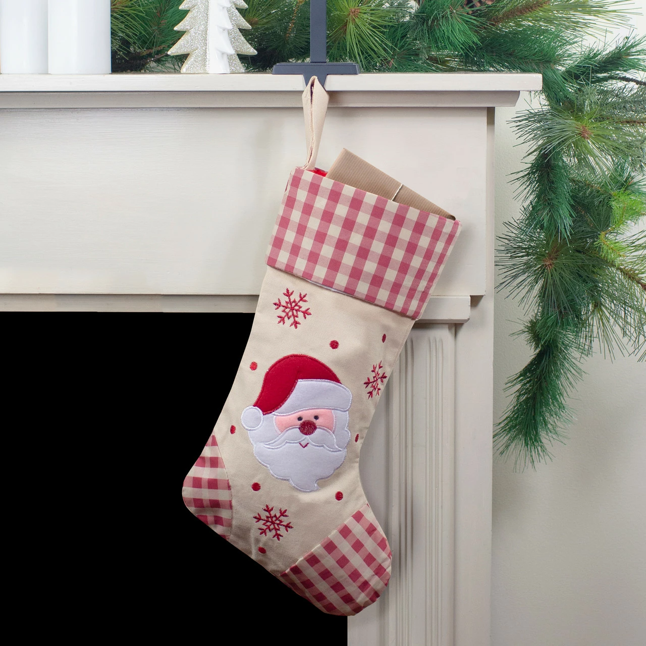 Northlight 16.5" Red And Ivory Embroidered Santa Claus Christmas Stocking With Gingham Cuff 2 Northlight 16.5" Red And Ivory Embroidered Santa Claus Christmas Stocking With Gingham Cuff - Image 2