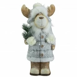 Northlight 18" Ceramic Moose In Gray Coat Holding Pine Sprig Christmas Figure