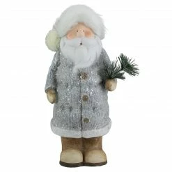Northlight 18" Ceramic Santa In Gray Coat Holding Pine Sprig Christmas Figure