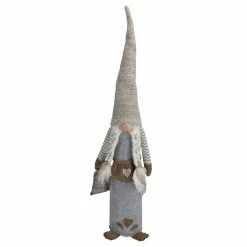 Northlight 27" Gray And Beige Girl Christmas Gnome With Plaid Toy Sack Figure