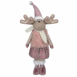 Northlight 26" Pink And Beige Standing Girl Moose Christmas Tabletop Figurine