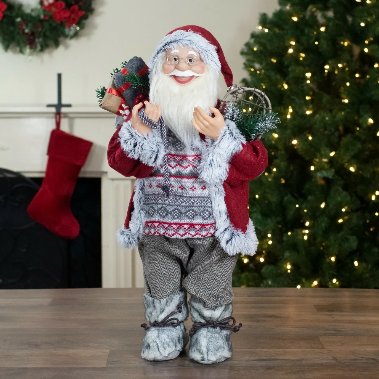 Northlight 2' Standing Santa Christmas Figure Carrying Snow Shoes And Presents - Image 2