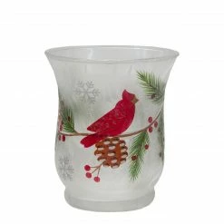 Northlight 2.75" Hand Painted Christmas Cardinal And Pine Flameless Glass Candle Holder