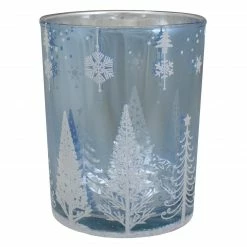 Northlight 5" Shiny Blue And Silver Winter Forest And Snowflake Flameless Candle Holder