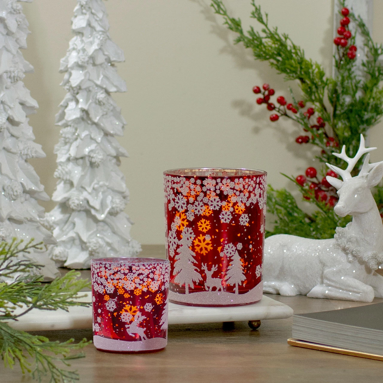 Northlight 3" Red And Shiny Silver Deer In Winter Woods Flameless Glass Candle Holder 2 Northlight 3" Red And Shiny Silver Deer In Winter Woods Flameless Glass Candle Holder - Image 2
