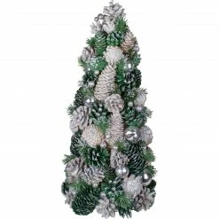 Northlight 18" Green And Silver Pinecone With Ornaments Table Top Cone Christmas Tree Embellished In Glitter