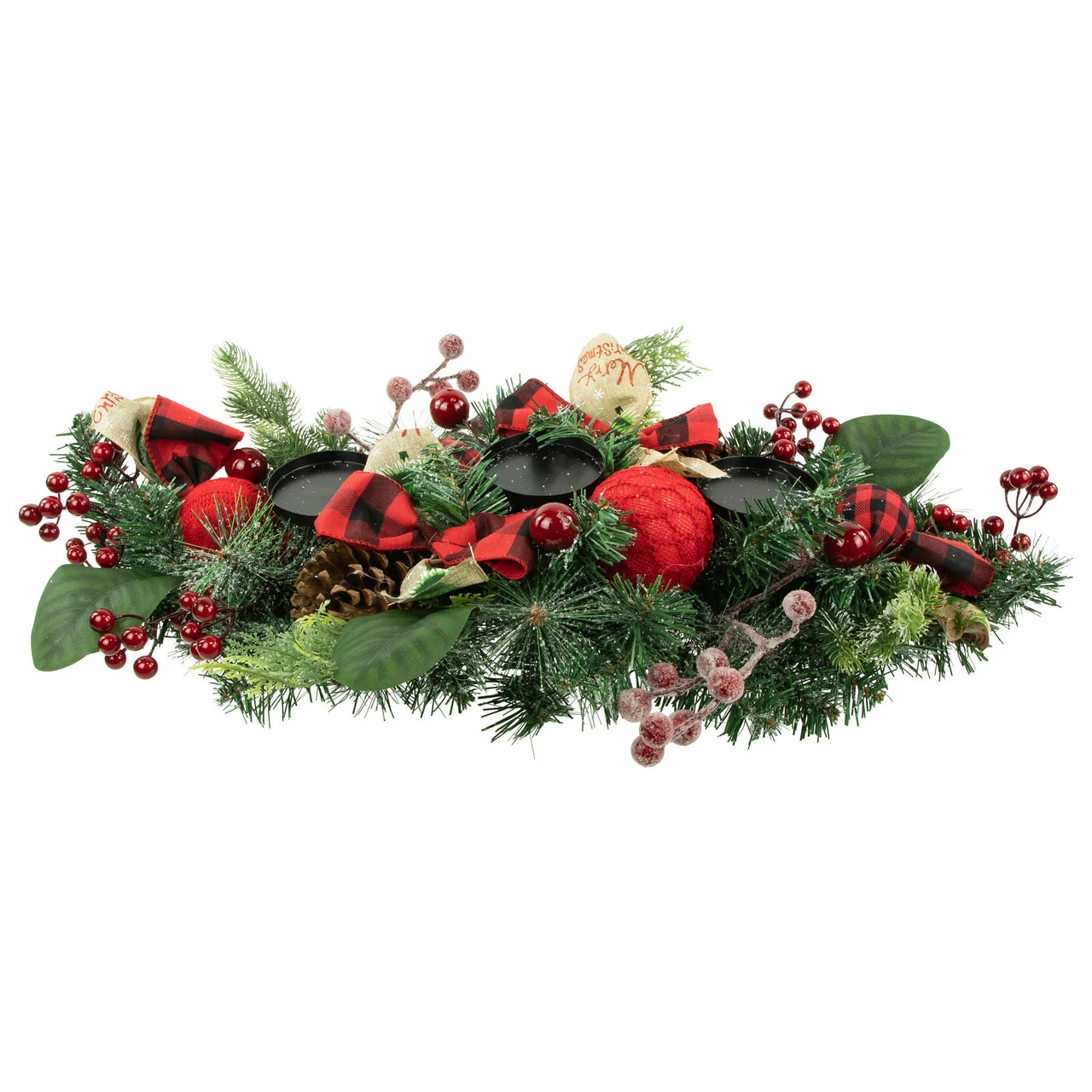 Northlight 30" Green Pine Triple Candle Holder With Bows And Plaid Christmas Ornaments 1 Northlight 30" Green Pine Triple Candle Holder With Bows And Plaid Christmas Ornaments