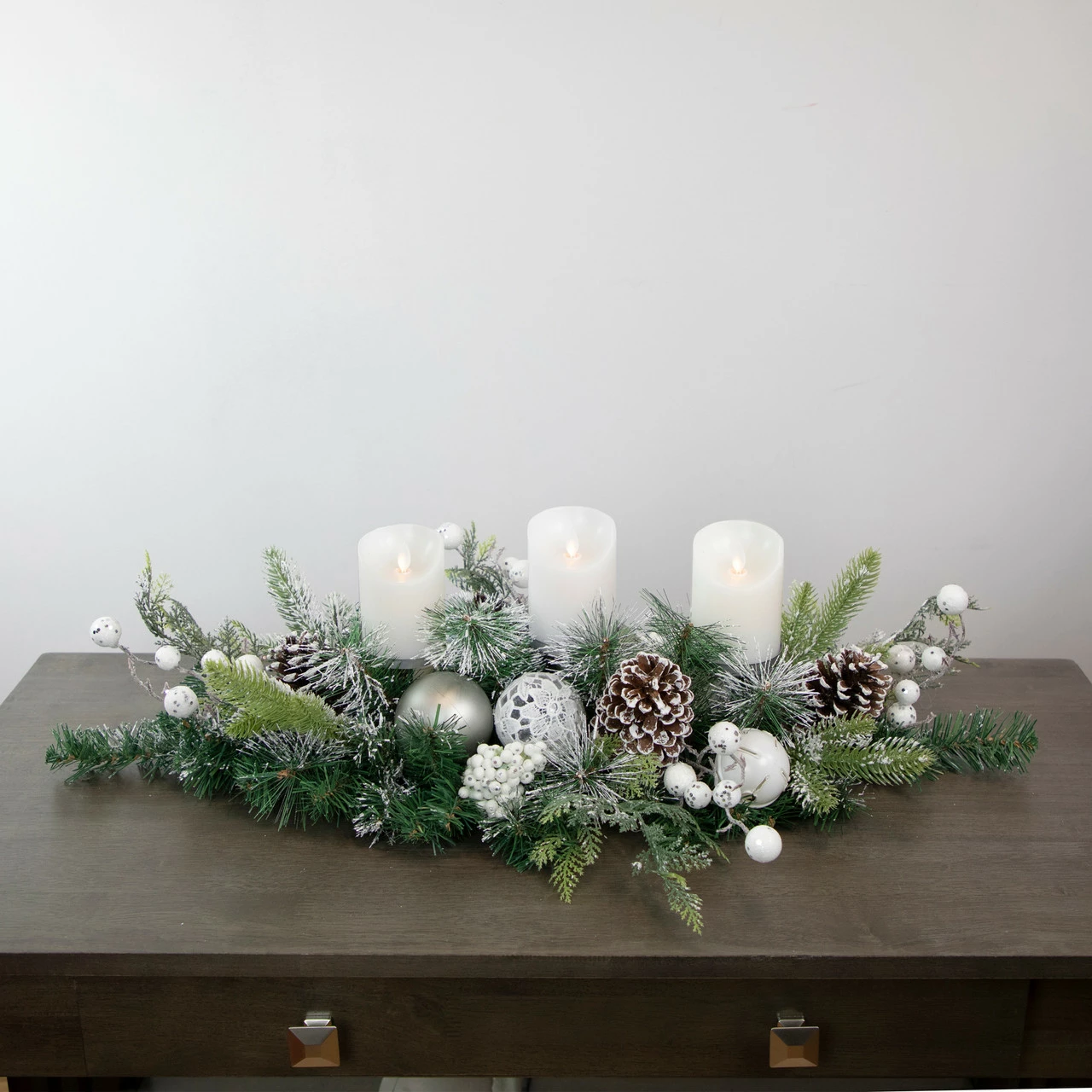Northlight 32" Green Frosted Pine Triple Candle Holder With Christmas Ornaments And Pinecones - Image 2