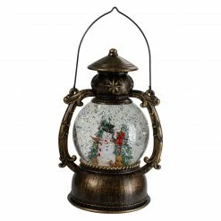 Northlight 8-Inch Black With Brushed Gold LED Snowman And Christmas Trees Snow Globe Lantern