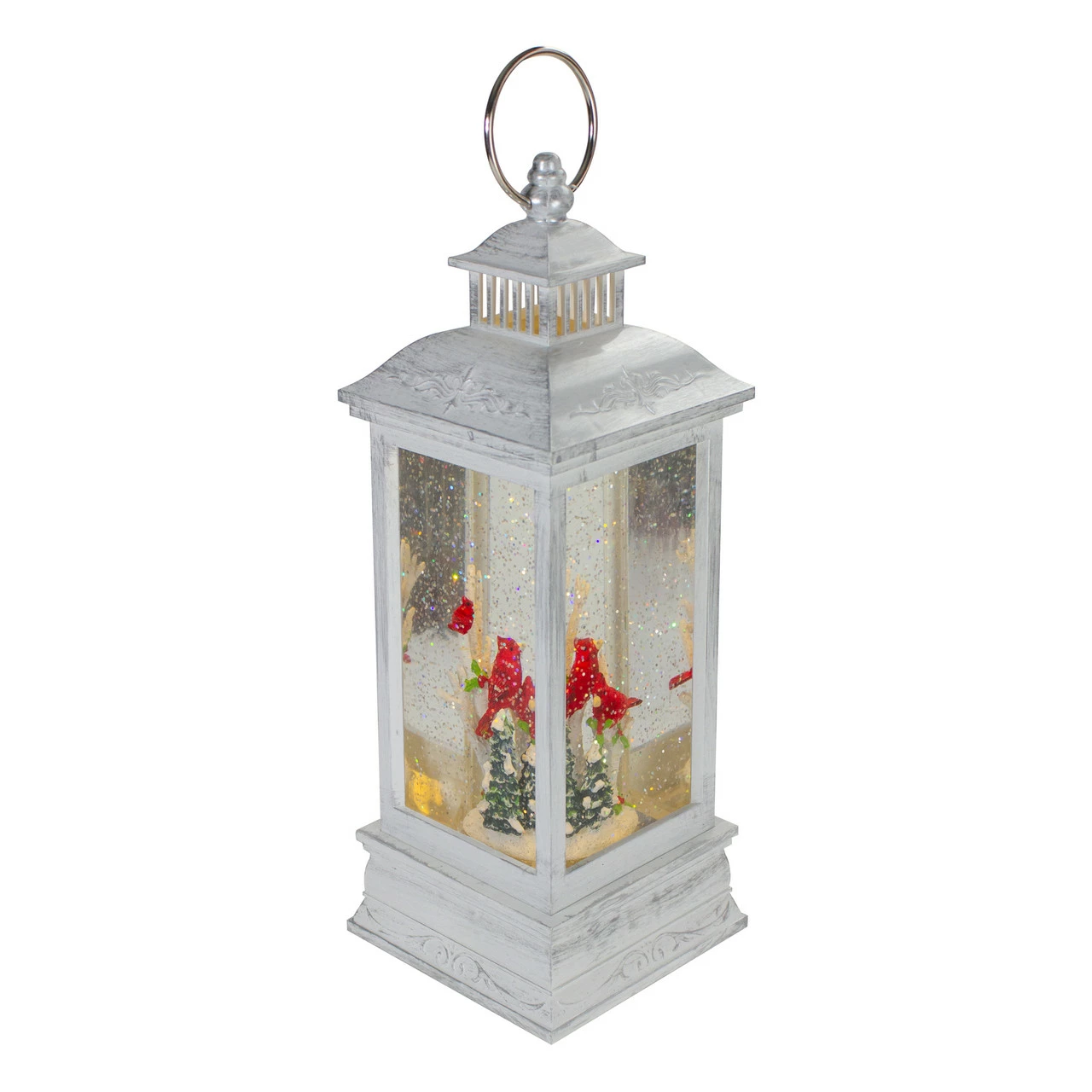 Northlight 11" White And Brushed Silver Christmas Cardinals Snow Globe Lantern - Image 4