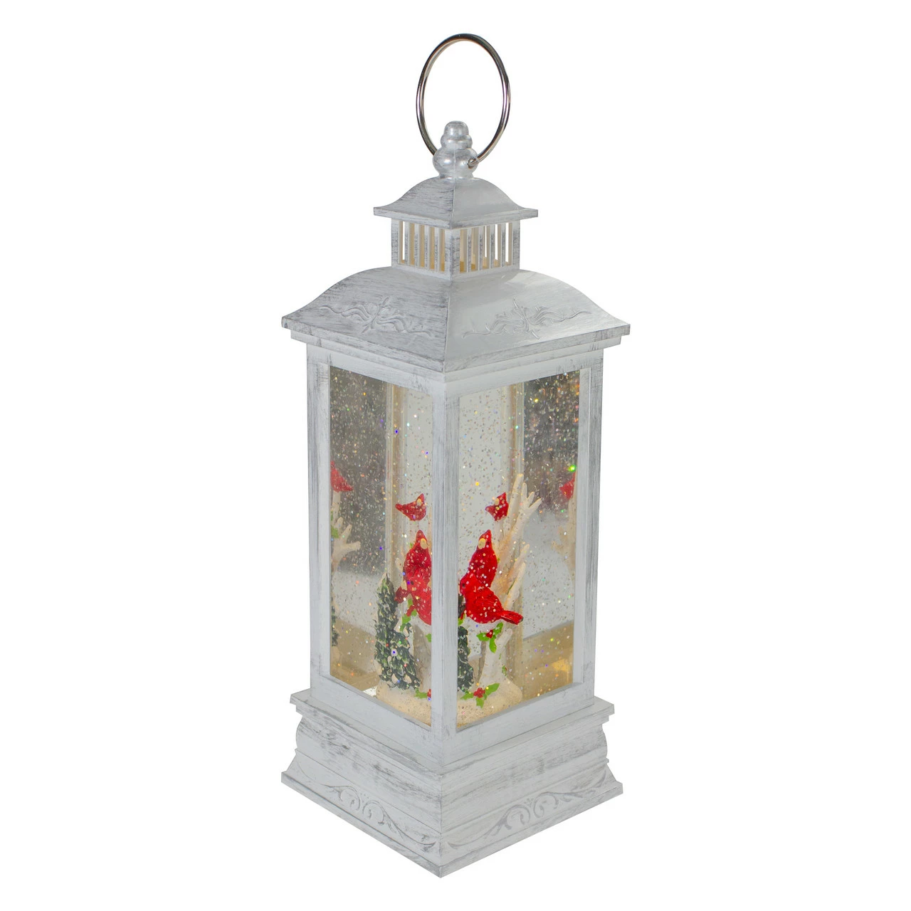 Northlight 11" White And Brushed Silver Christmas Cardinals Snow Globe Lantern - Image 3