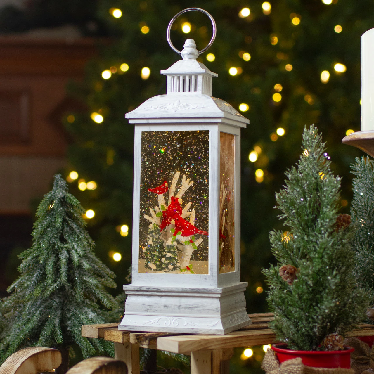 Northlight 11" White And Brushed Silver Christmas Cardinals Snow Globe Lantern - Image 2